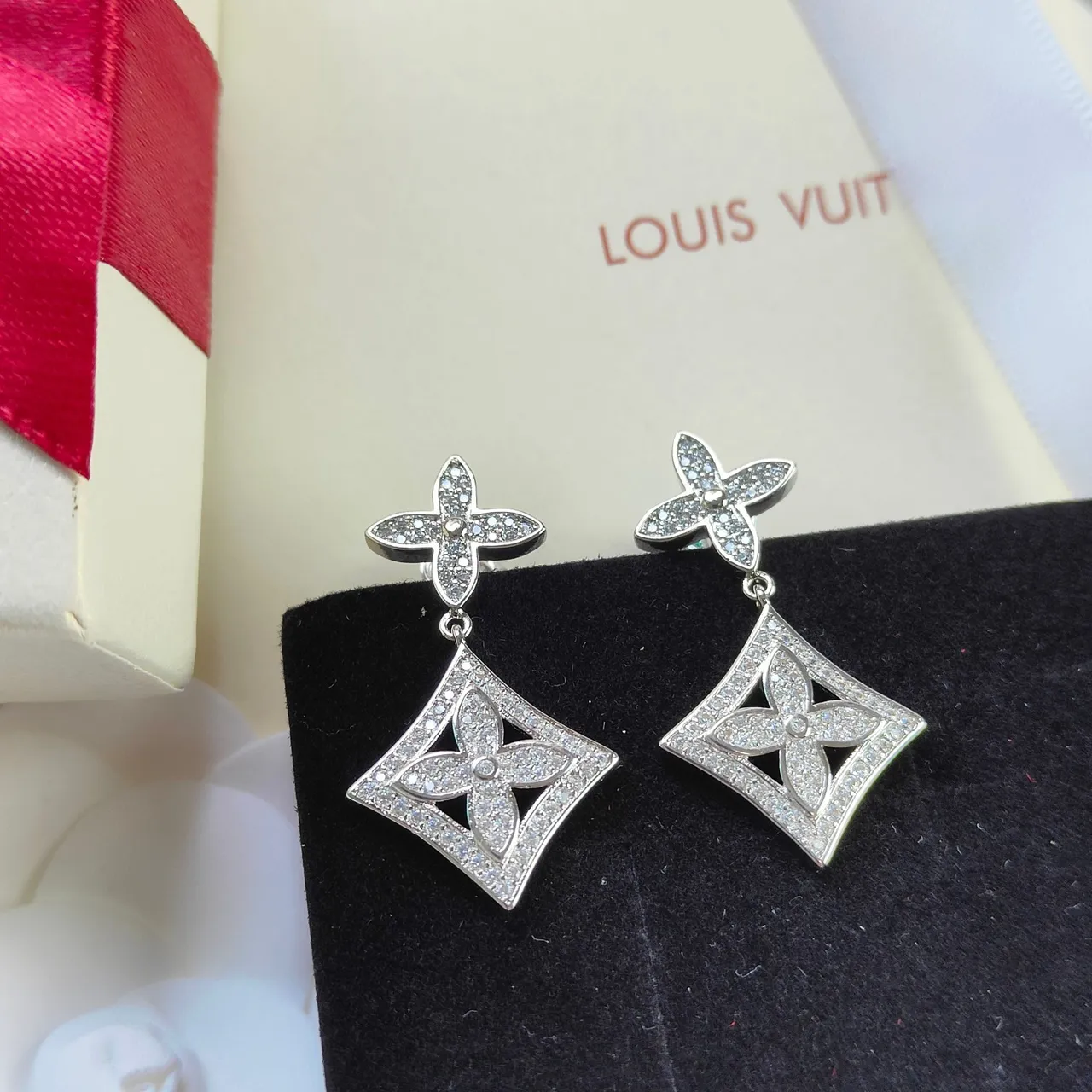 Pavé-Set Floral Quatrefoil Square Drop Earrings 3