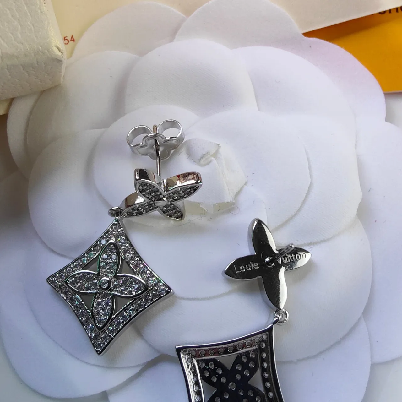 Pavé-Set Floral Quatrefoil Square Drop Earrings 5