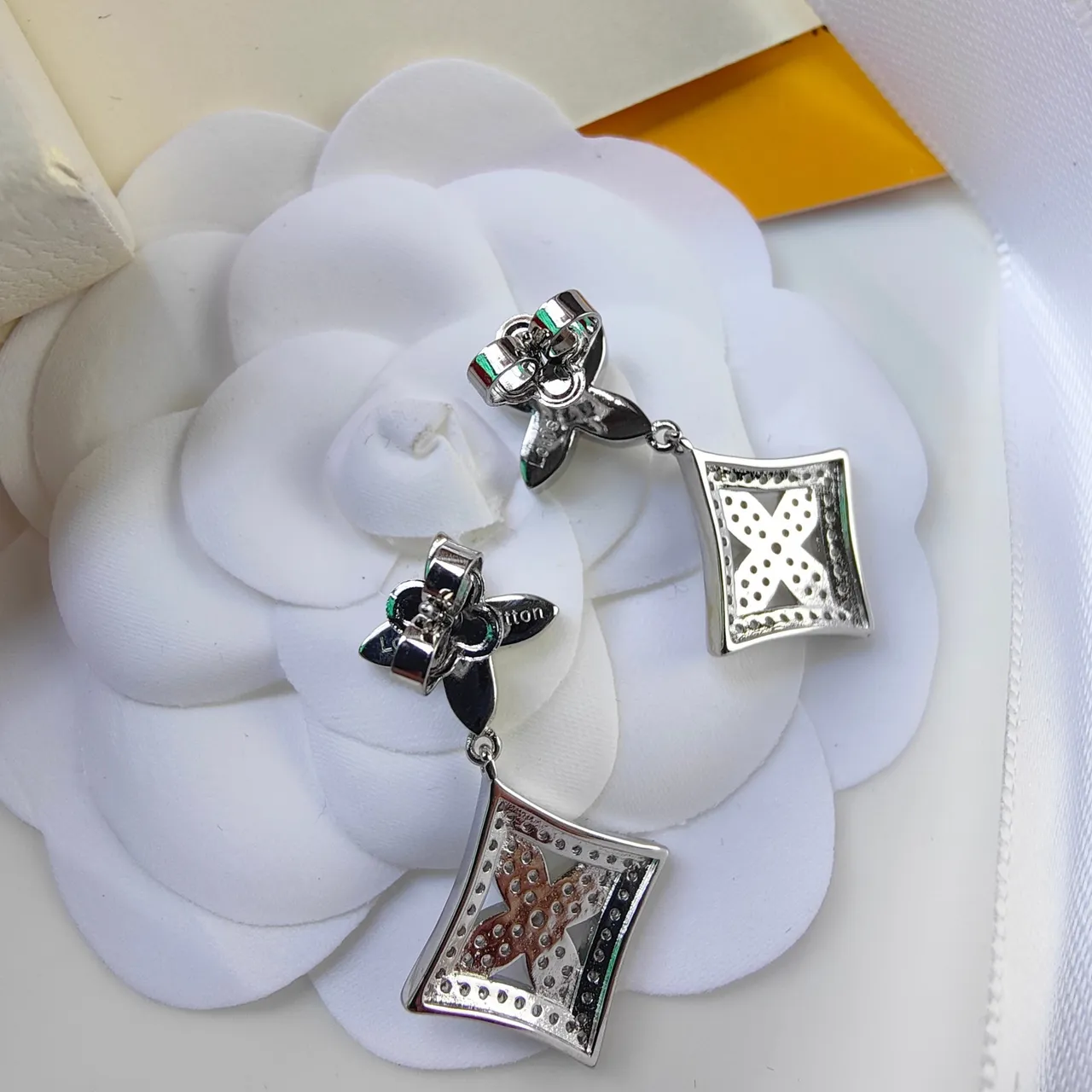 Pavé-Set Floral Quatrefoil Square Drop Earrings 7