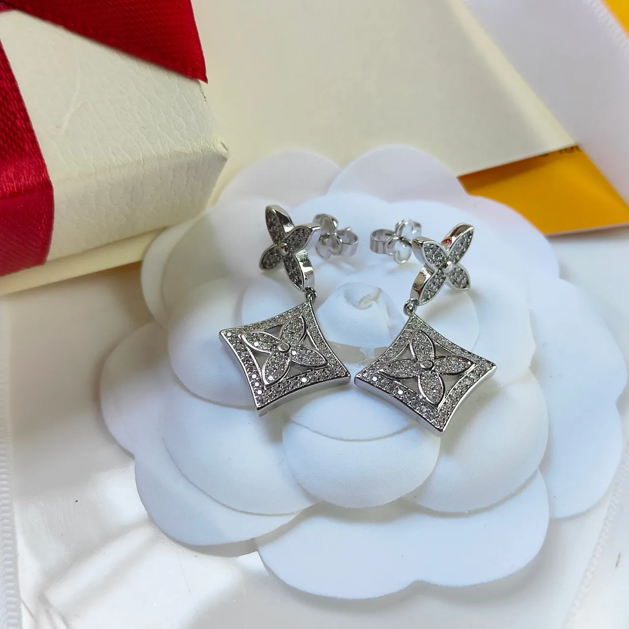 Pavé-Set Floral Quatrefoil Square Drop Earrings 8