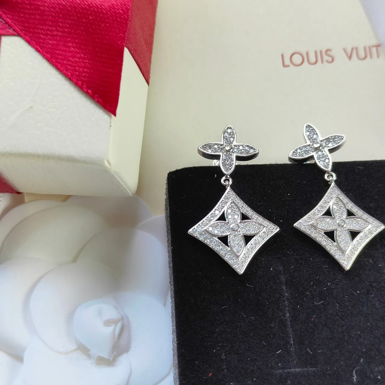 Pavé-Set Floral Quatrefoil Square Drop Earrings 9