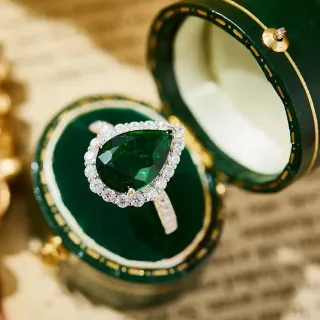 Pear-Cut Green Gemstone Diamond Halo Ring