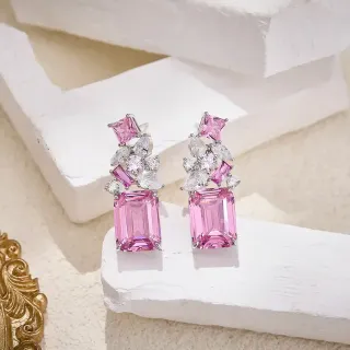 Pink and Clear Multi-Stone Cluster Drop Earrings