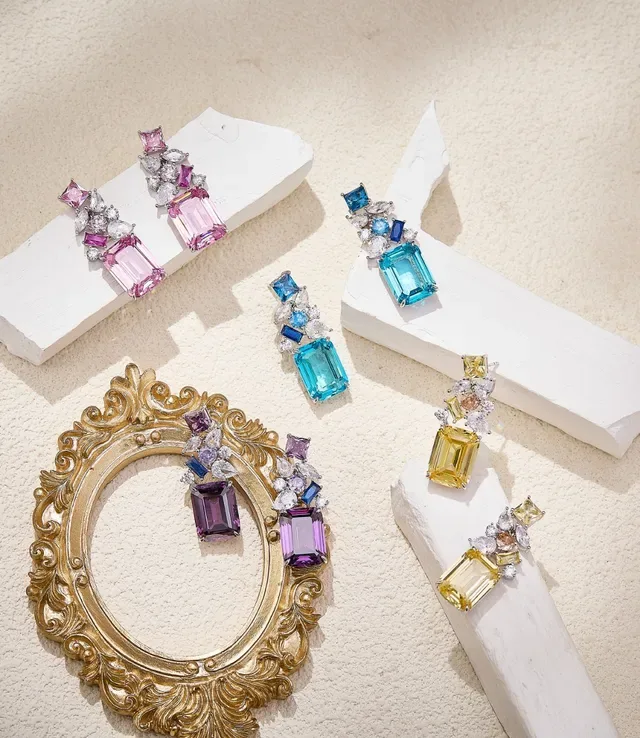 Pink and Clear Multi-Stone Cluster Drop Earrings 5
