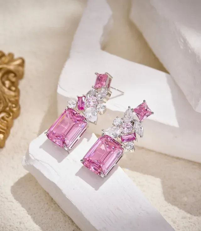 Pink and Clear Multi-Stone Cluster Drop Earrings 7