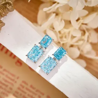 Rectangular-Cut Faceted Blue Gemstone Prong-Set Dual-Stone Stud Earrings