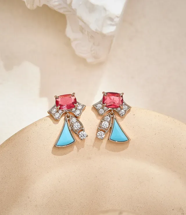 Red and Turquoise Geometric Drop Earrings 5