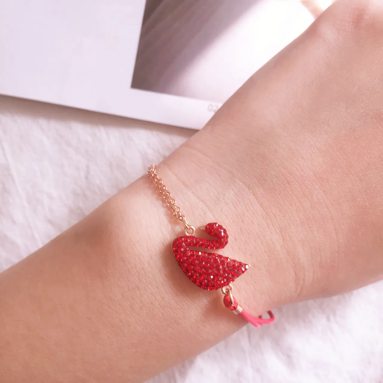 Red Gold Chain Crystal Swan Charm Bracelet 2