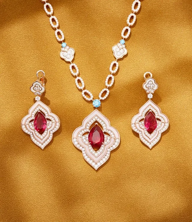 Red Gold Metal Faceted Teardrop Gemstone Necklace 7