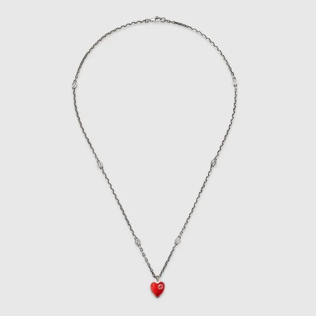 Red Silver Chain Enamel Heart Pendant Necklace 3