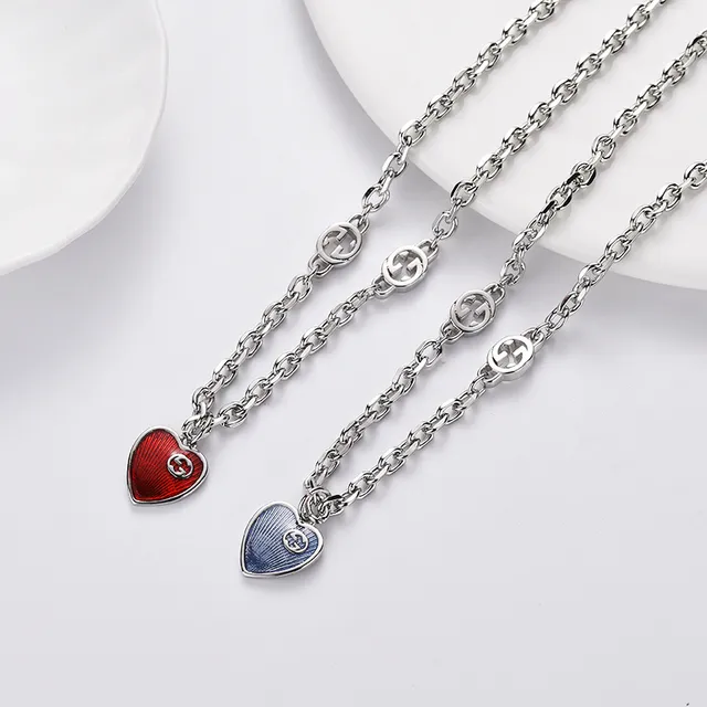Red Silver Chain Enamel Heart Pendant Necklace 6