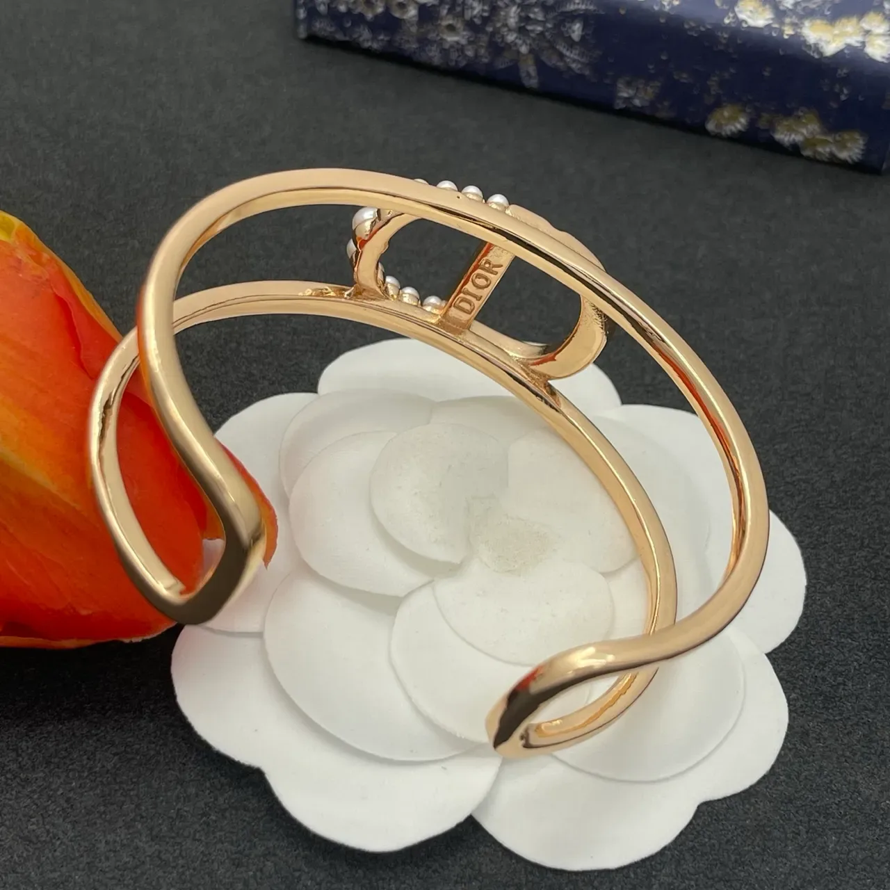 Rose-Gold D-Motif Pearl Halo Open Cuff Bracelet 3