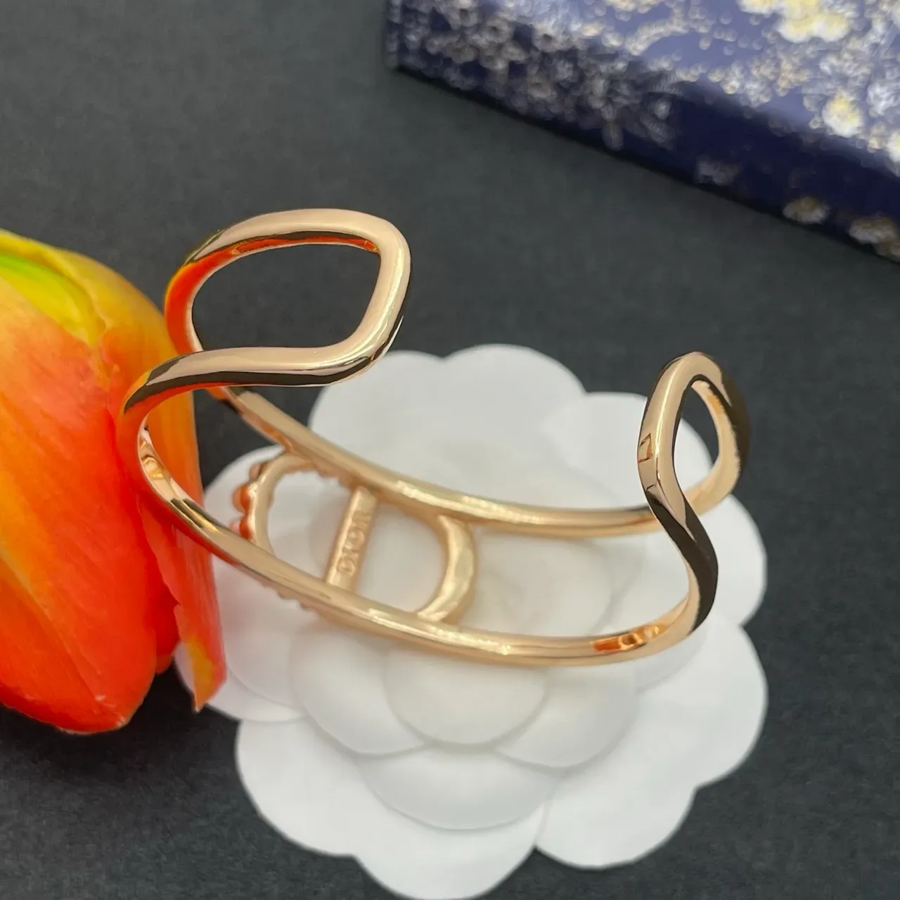 Rose-Gold D-Motif Pearl Halo Open Cuff Bracelet 4