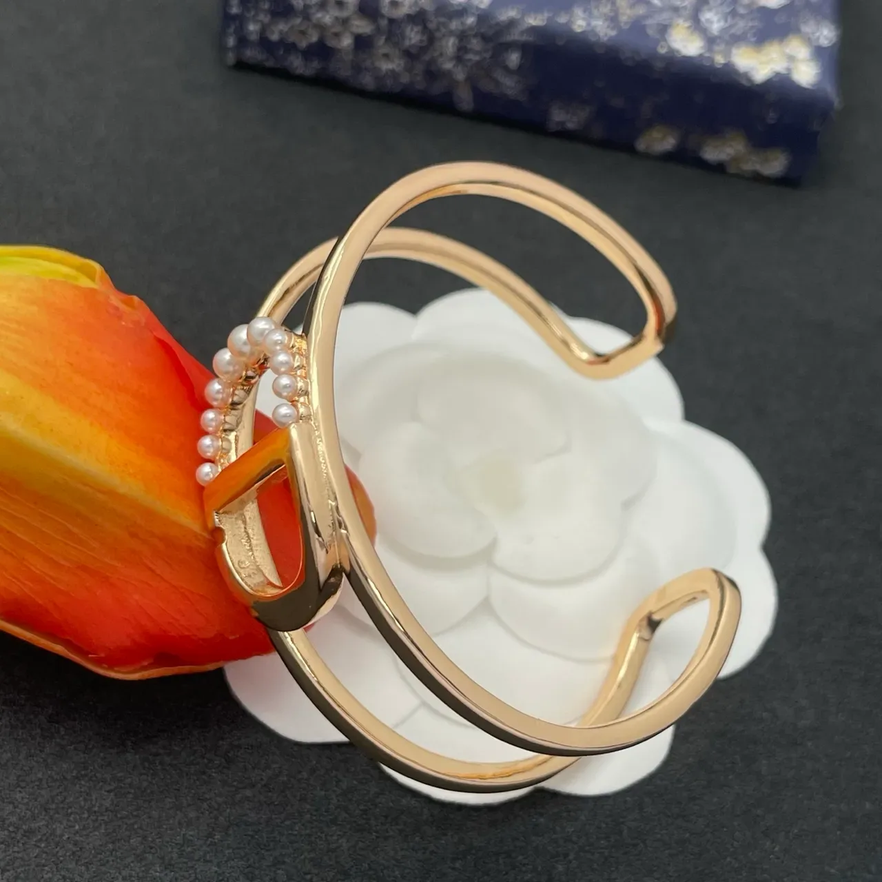 Rose-Gold D-Motif Pearl Halo Open Cuff Bracelet 5
