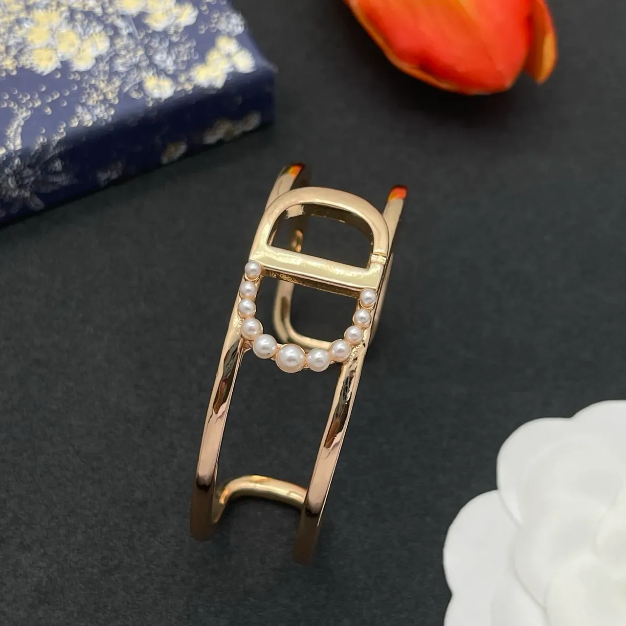 Rose-Gold D-Motif Pearl Halo Open Cuff Bracelet 6