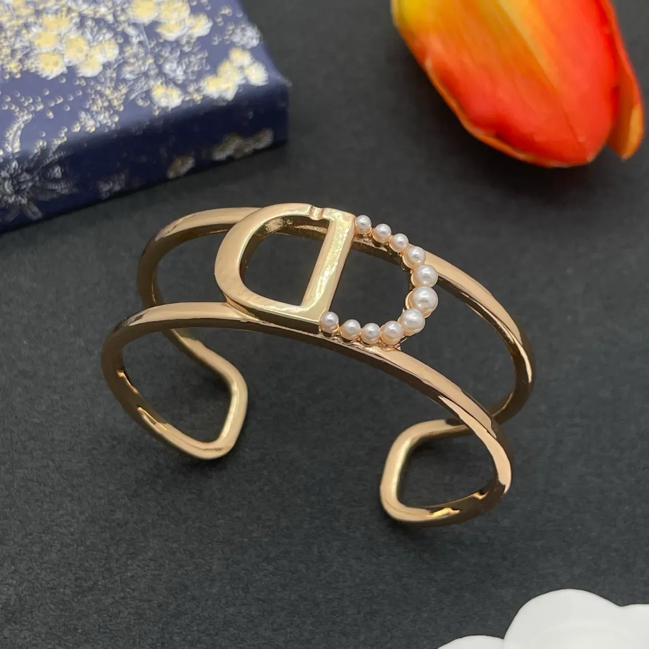 Rose-Gold D-Motif Pearl Halo Open Cuff Bracelet 7