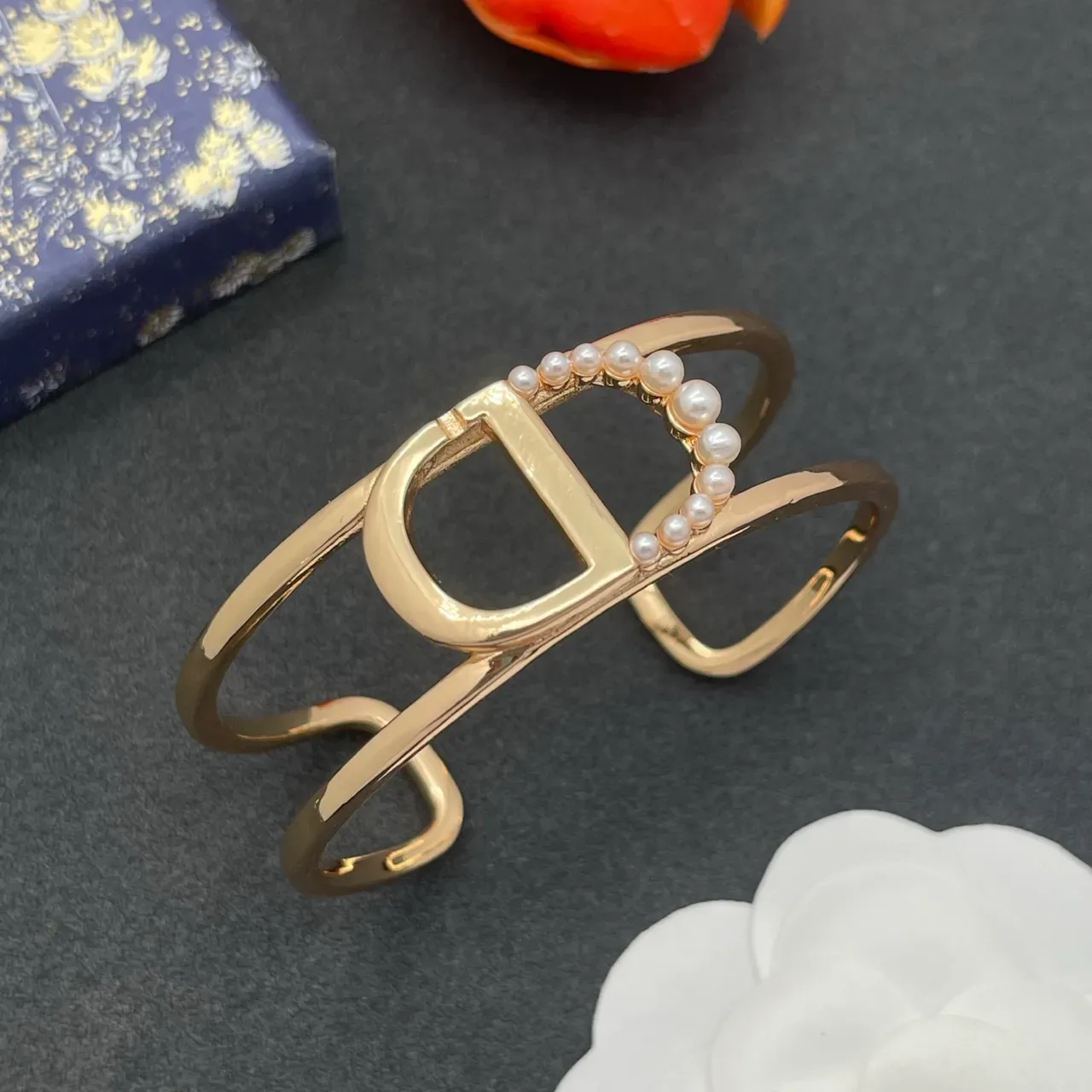 Rose-Gold D-Motif Pearl Halo Open Cuff Bracelet 8