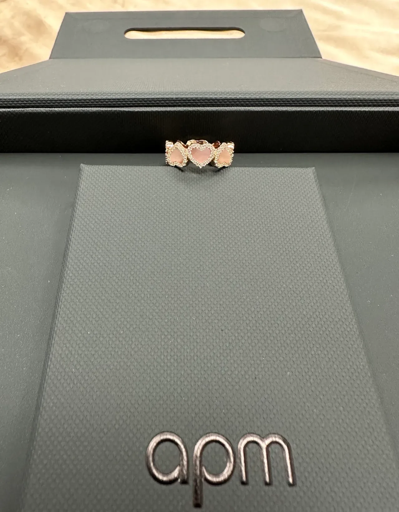 Rose Gold Triple Heart Cabochon Pave Ring 8