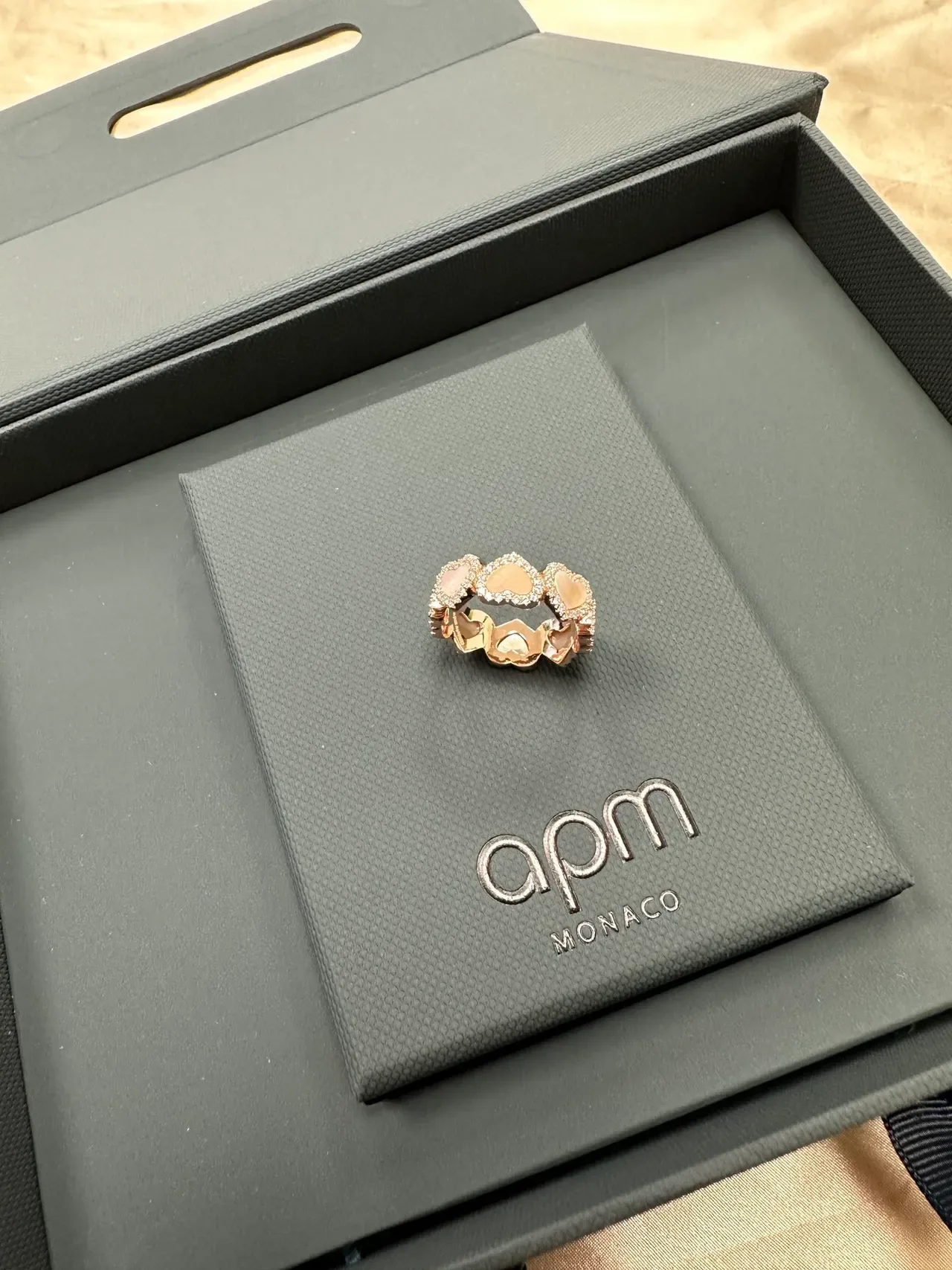 Rose Gold Triple Heart Cabochon Pave Ring 9