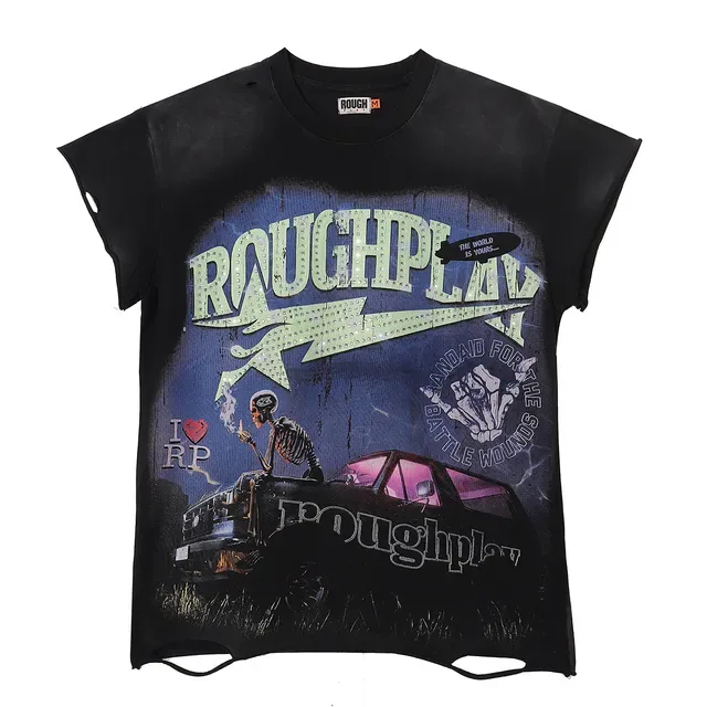 Rough Play Graphic-Print Rhinestone-Accented Distressed T-Shirt 4