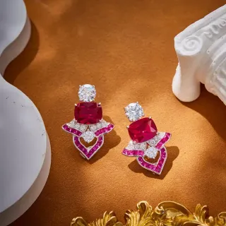 Ruby and Diamond Heart Motif Earrings