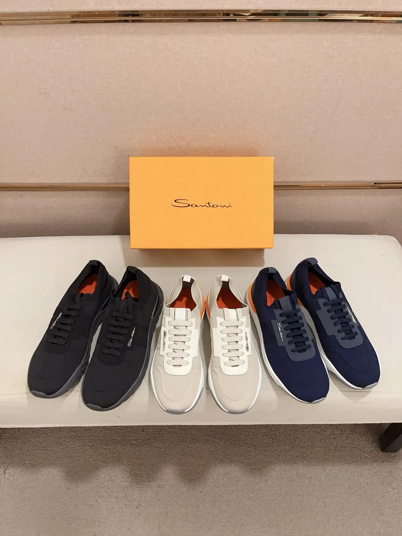 Santoni Navy Orange Knit Upper Sculpted White Midsole Sneakers 2