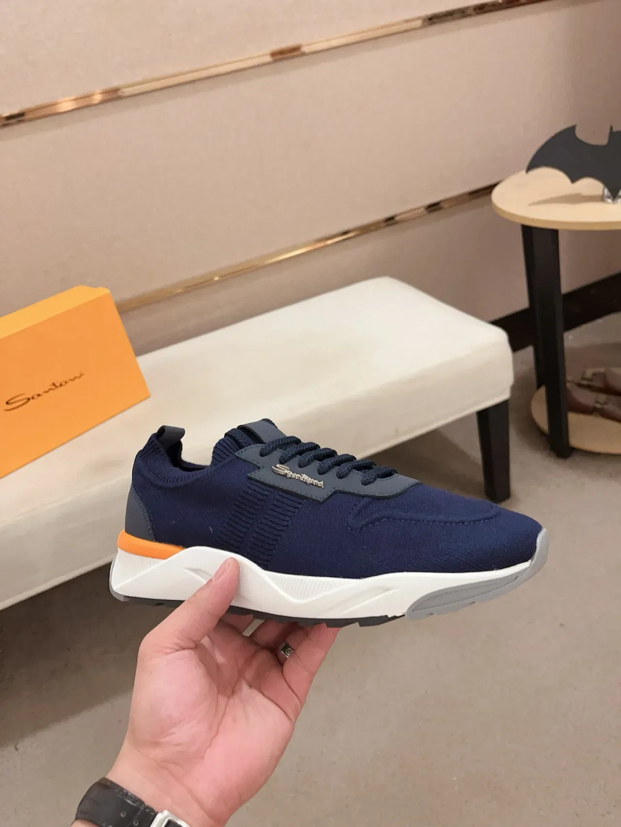 Santoni Navy Orange Knit Upper Sculpted White Midsole Sneakers 5