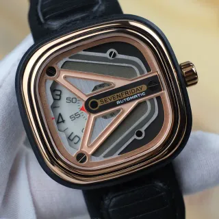 SevenFriday Automatic Black Gold Open-Worked Geometric Cage Asymmetrical Dial Layout Mechanical Watch