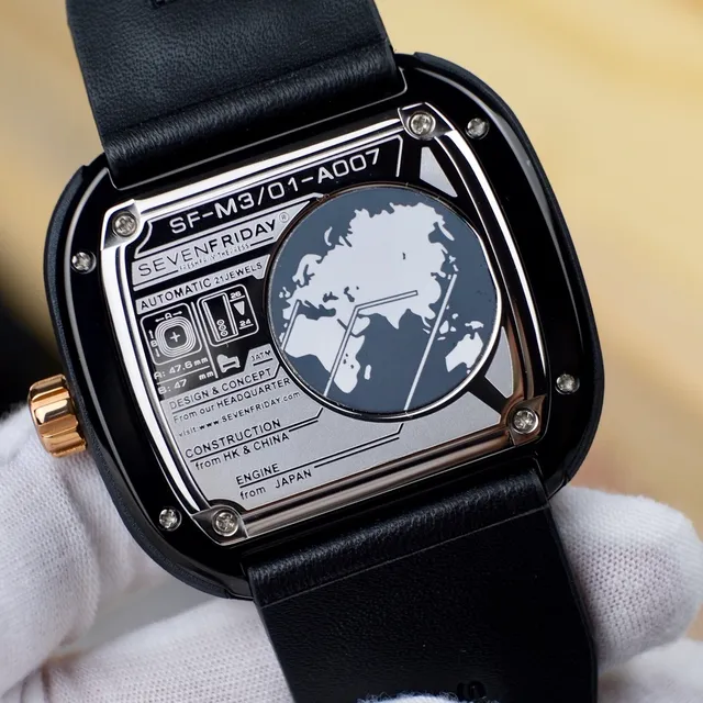 SevenFriday Automático Preto Dourado Aberto Trabalhado Geométrico Gaiola Assimétrico Disposição do Cadran Relógio Mecânico 4