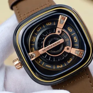 SEVENFRIDAY P-Series Black Brown Square Cushion Case Multi-Layered Exposed Dial Mechanical Watch