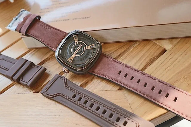 SEVENFRIDAY P-Series Caixa Quadrada de Almofada Preta Marrom Dial Exposto Multicamadas Relógio Mecânico 2