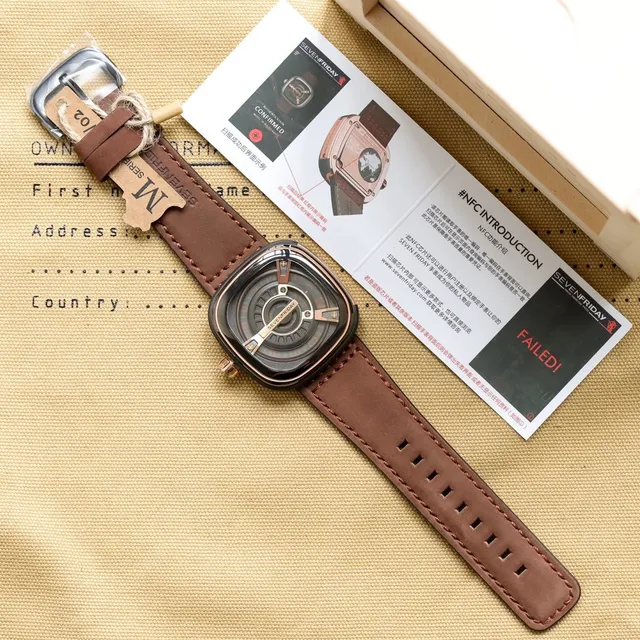 SEVENFRIDAY P-Series Caixa Quadrada de Almofada Preta Marrom Dial Exposto Multicamadas Relógio Mecânico 15