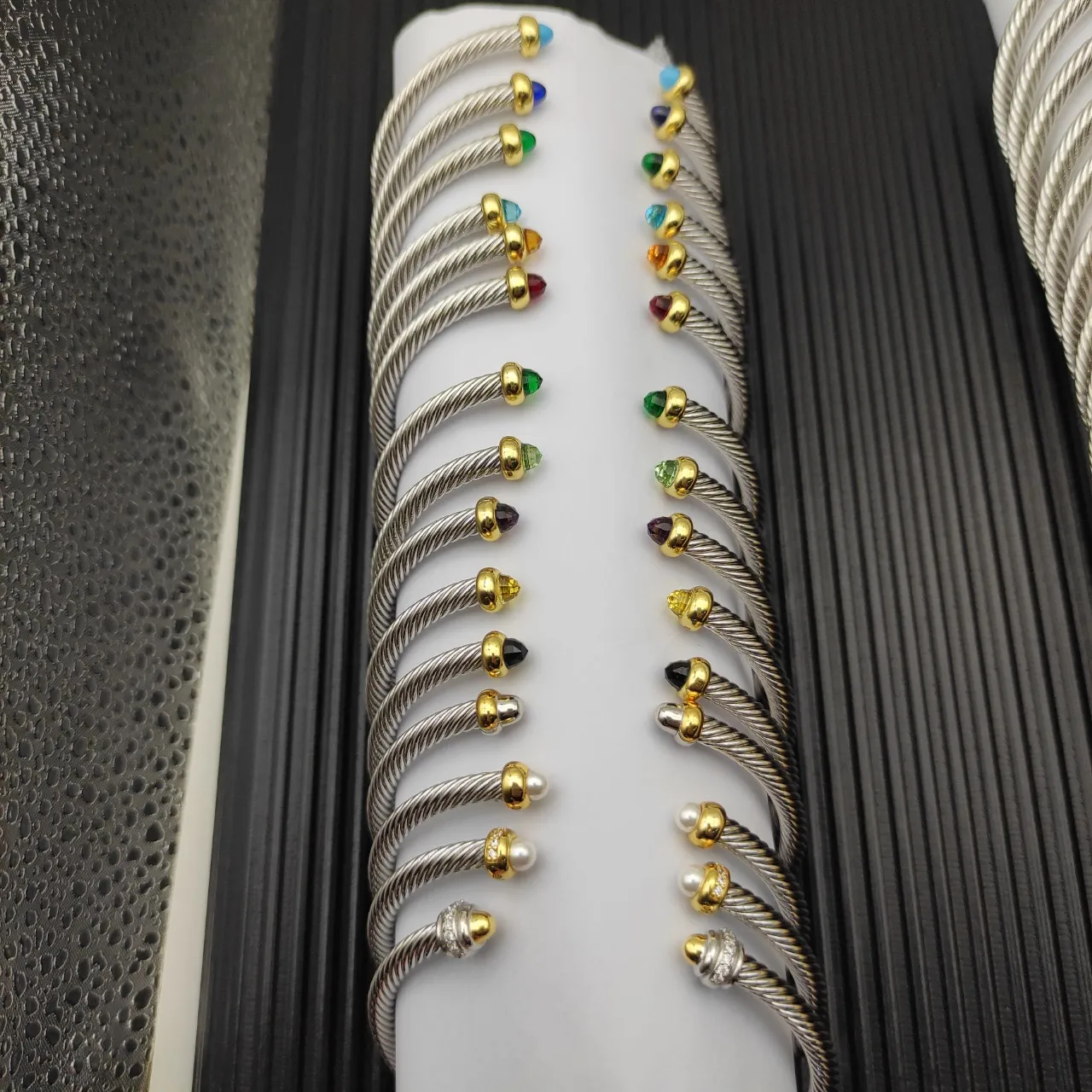 Silver and Gold Tone Cable Wire Gemstone Accent Stackable Bracelets 4
