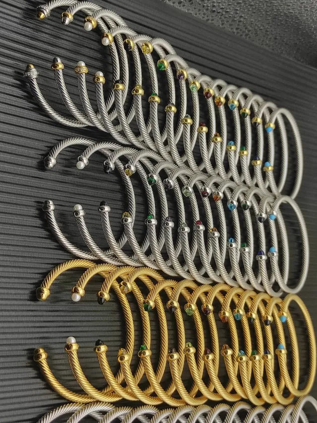 Silver and Gold Tone Cable Wire Gemstone Accent Stackable Bracelets 8