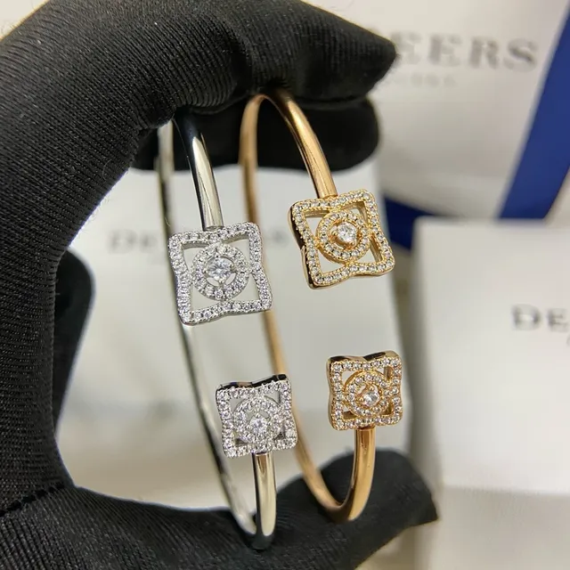 Silver and Gold Tone Pavé Square Motif Open Bangle Bracelets 2