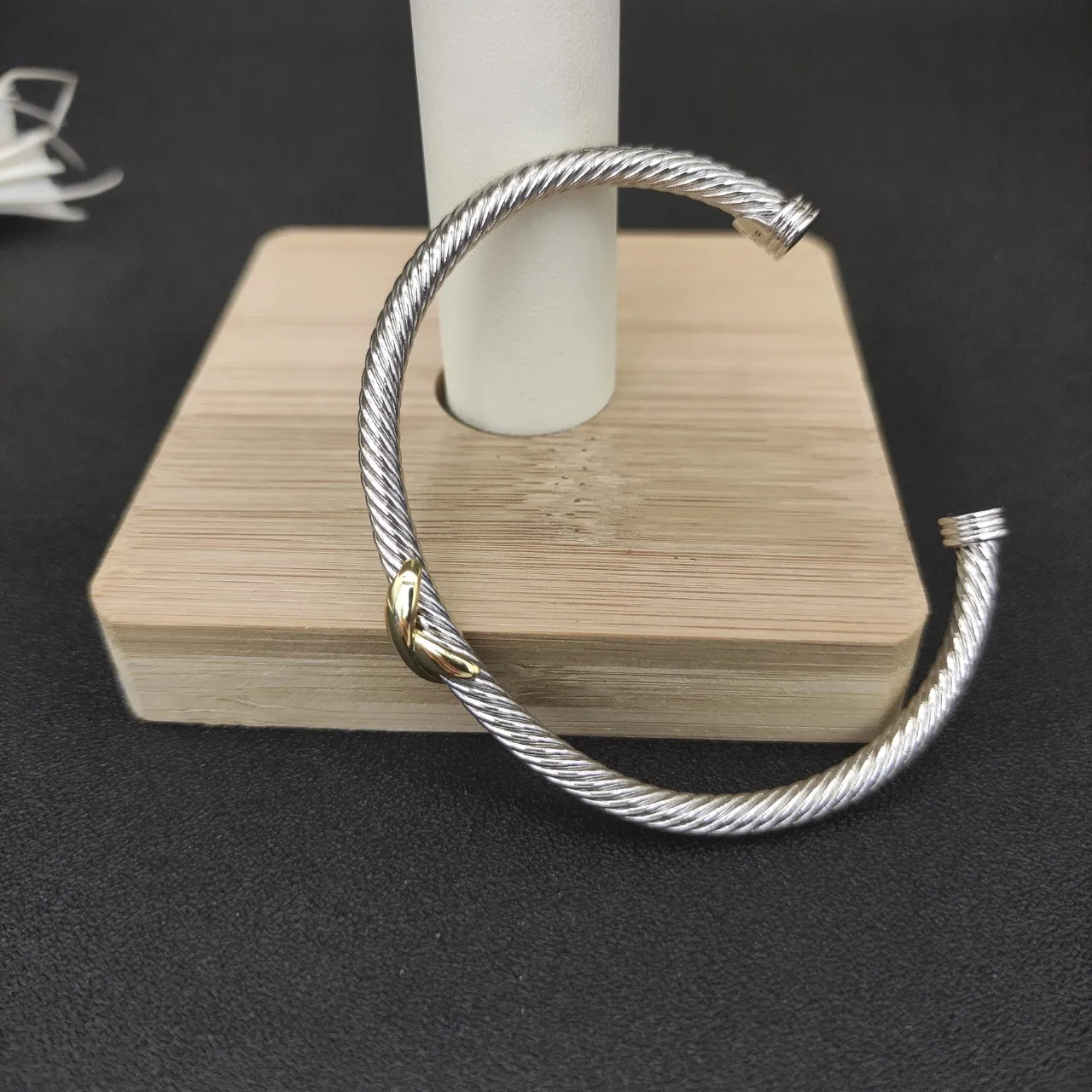 Silver and Gold Two-Tone Twisted Cable Leaf Accent Bracelet 7