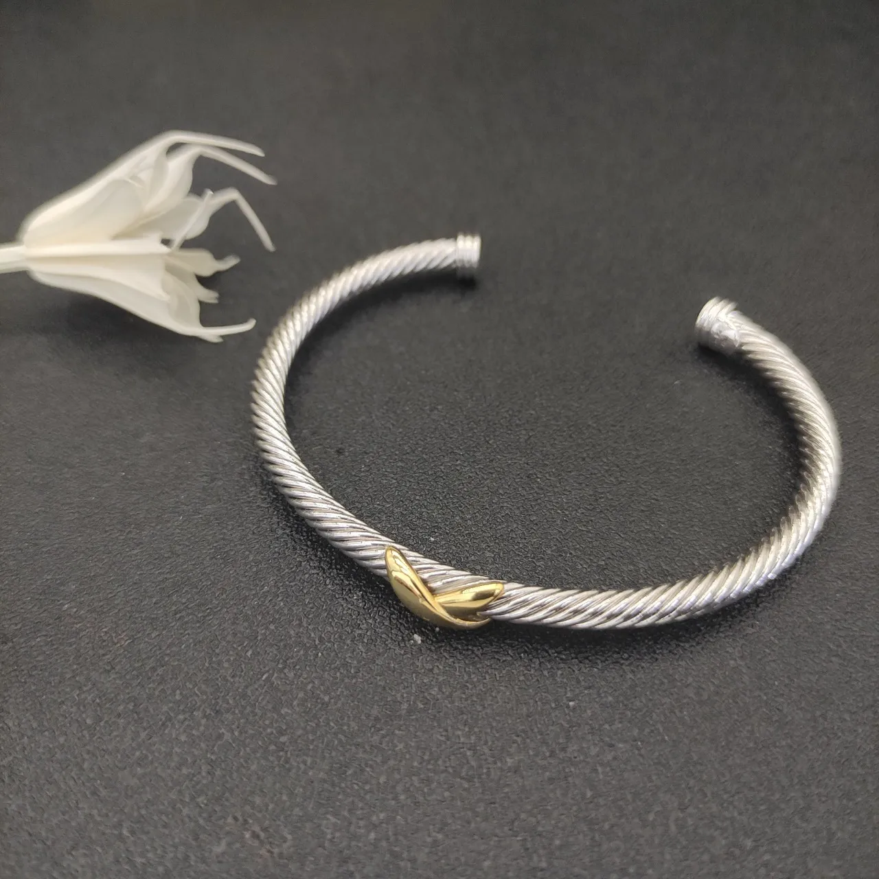 Silver and Gold Two-Tone Twisted Cable Leaf Accent Bracelet 8
