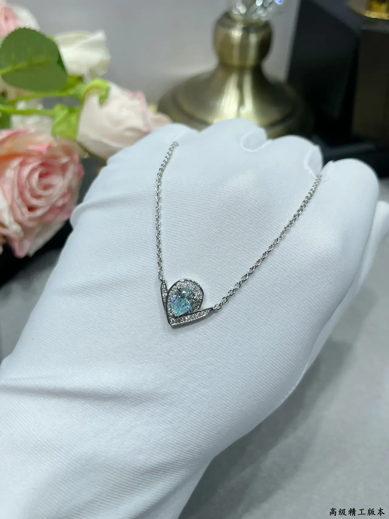 Silver Blue Heart-Shaped Pendant Teardrop Gemstone Necklace 3
