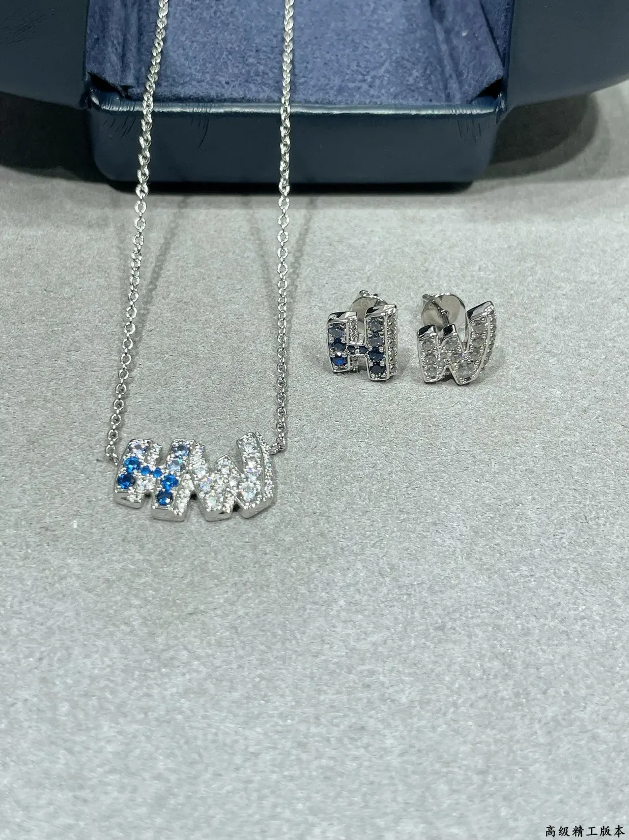 Silver Blue Letter-Shaped Pavé-Set Earrings 2
