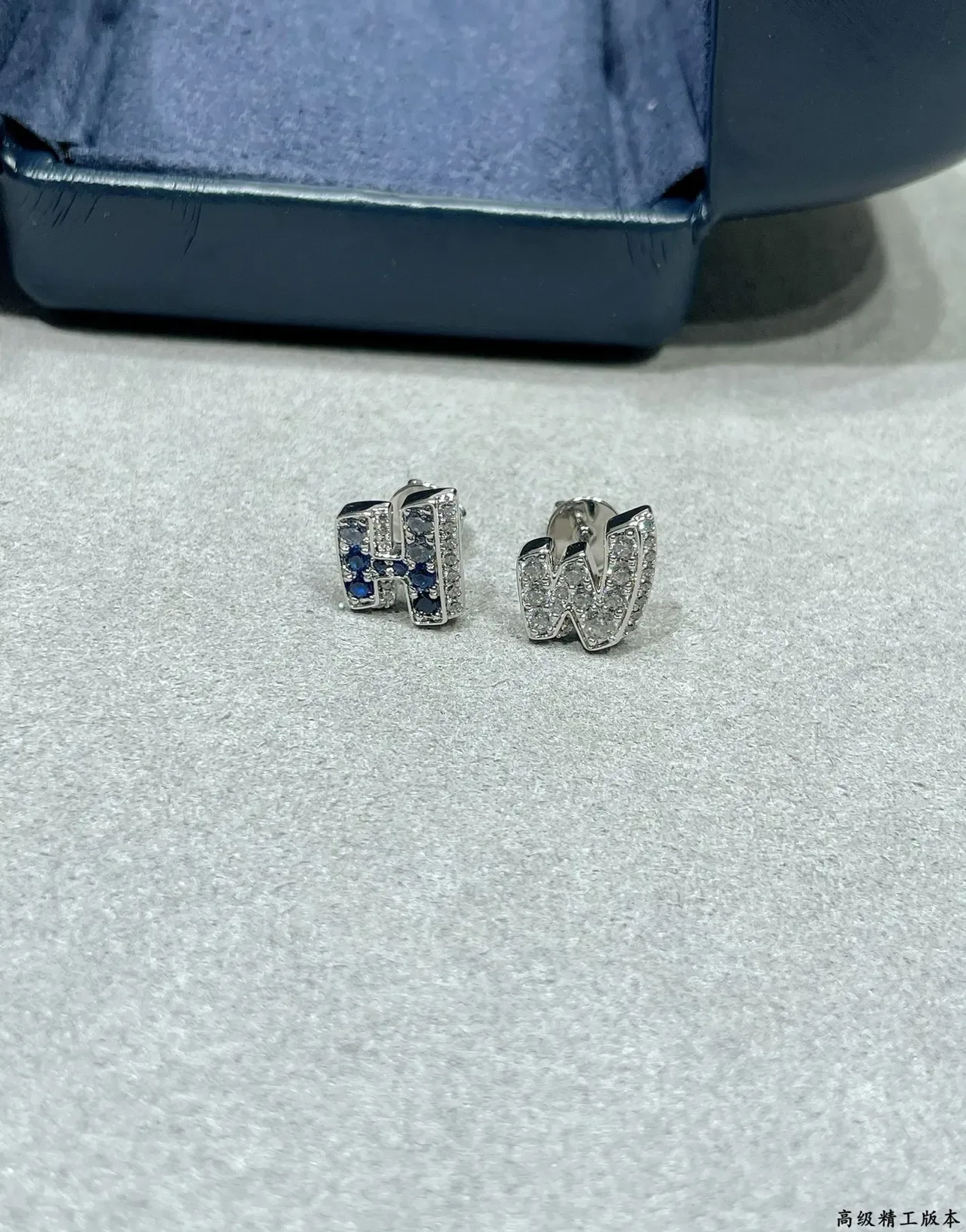 Silver Blue Letter-Shaped Pavé-Set Earrings 5