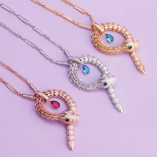 Silver Blue Snake-Shaped Pendant Pavé-Set Clear Stones Necklace 3