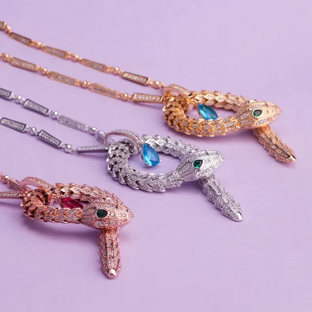 Silver Blue Snake-Shaped Pendant Pavé-Set Clear Stones Necklace 4