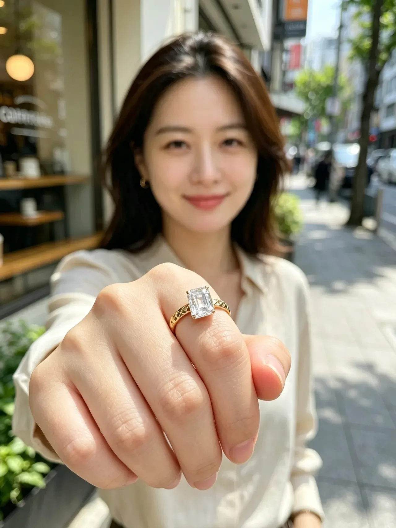 Silver Emerald-Cut Center Stone Textured Star-Pattern Band Ring 9