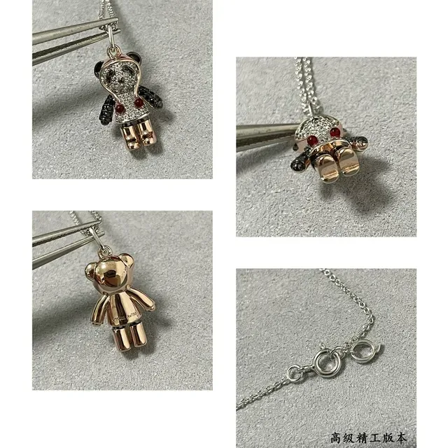 Silver Gold Bear-Shaped Pendant Pave-Set Gemstones Necklace 2
