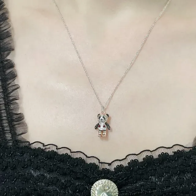 Silver Gold Bear-Shaped Pendant Pave-Set Gemstones Necklace 8