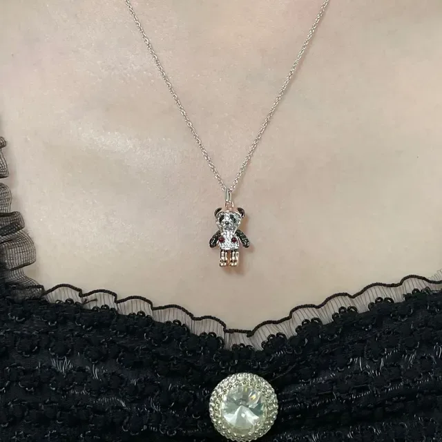 Silver Gold Bear-Shaped Pendant Pave-Set Gemstones Necklace 9