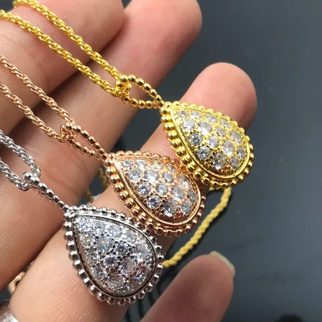 Silver Gold Teardrop Pendant Pave-Set Stones Necklace 2