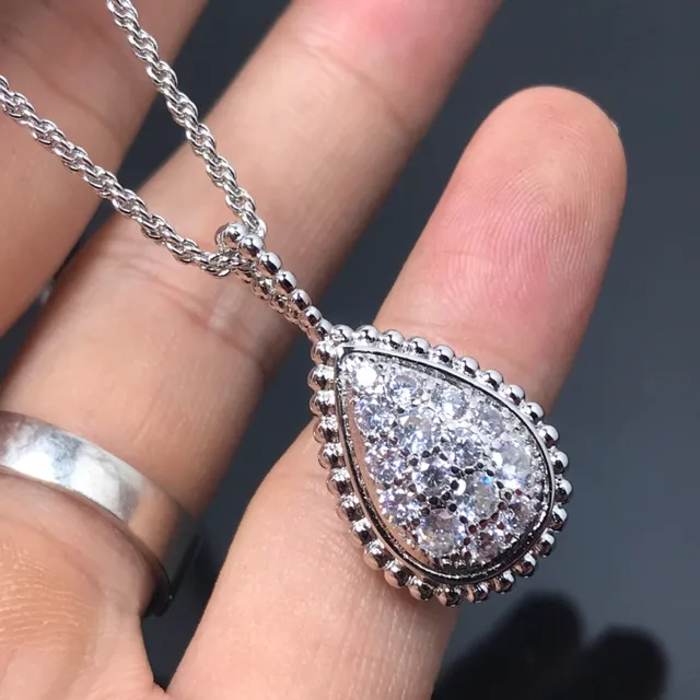 Silver Gold Teardrop Pendant Pave-Set Stones Necklace 4