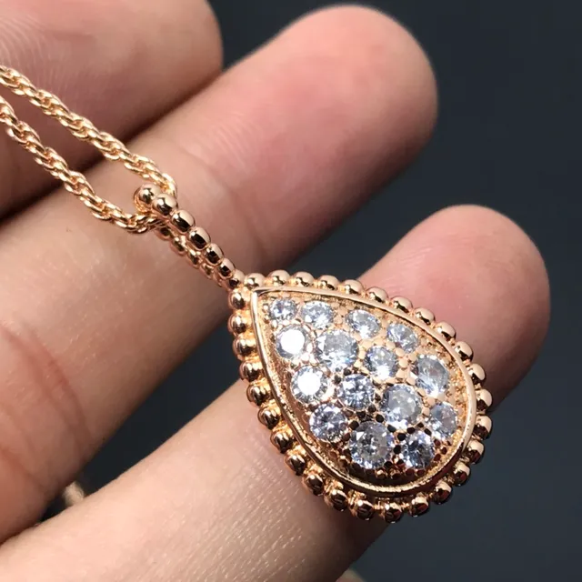 Silver Gold Teardrop Pendant Pave-Set Stones Necklace 6