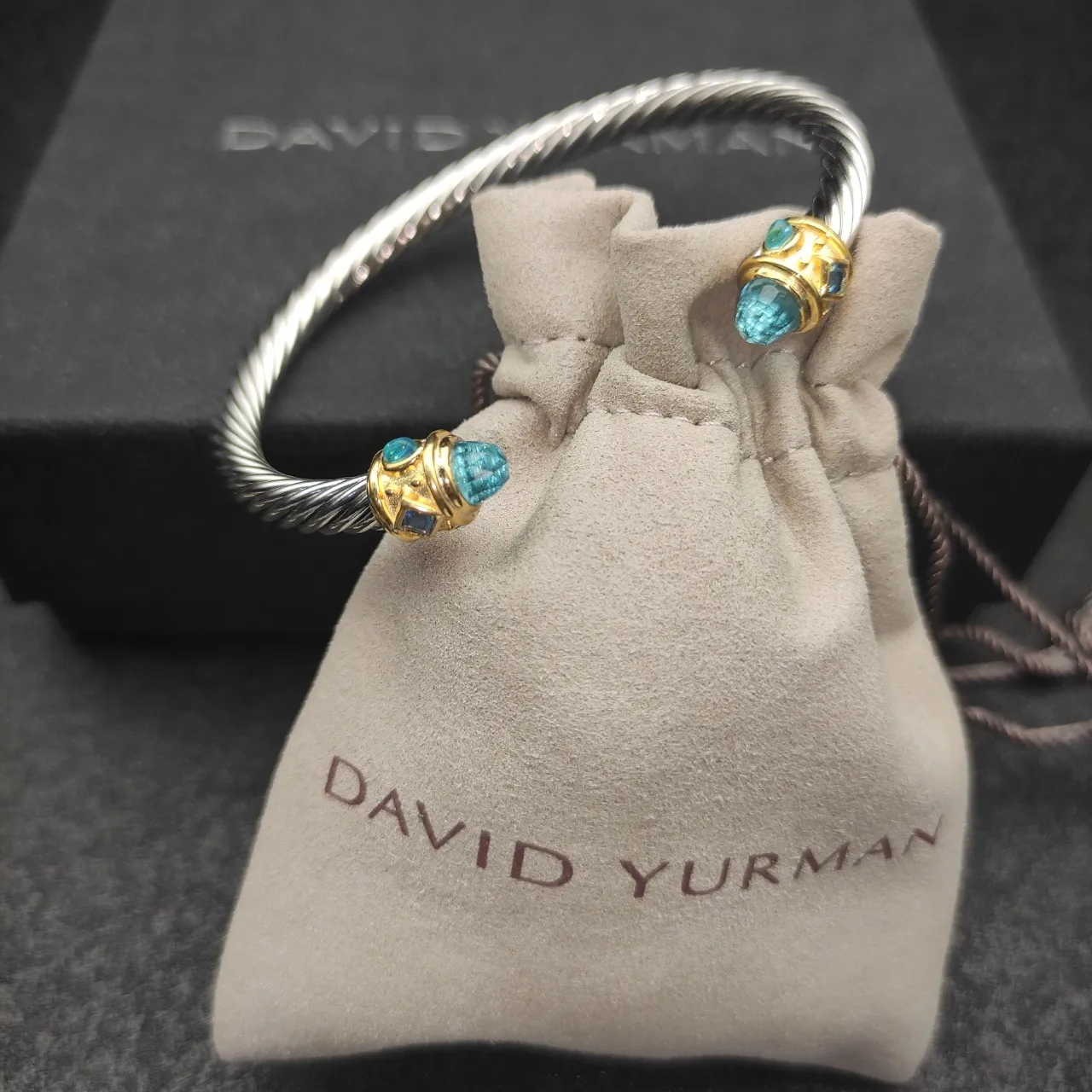 Silver Gold Twisted Cable Metal Bezel-Set Gem Terminals Bracelet 5